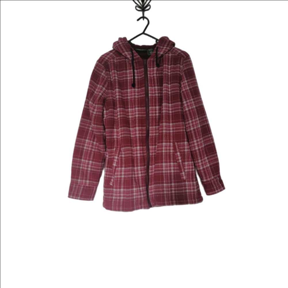 Women's Stillwater Supply Co Red White Sherpa Lined Plaid Hooded Jacket M